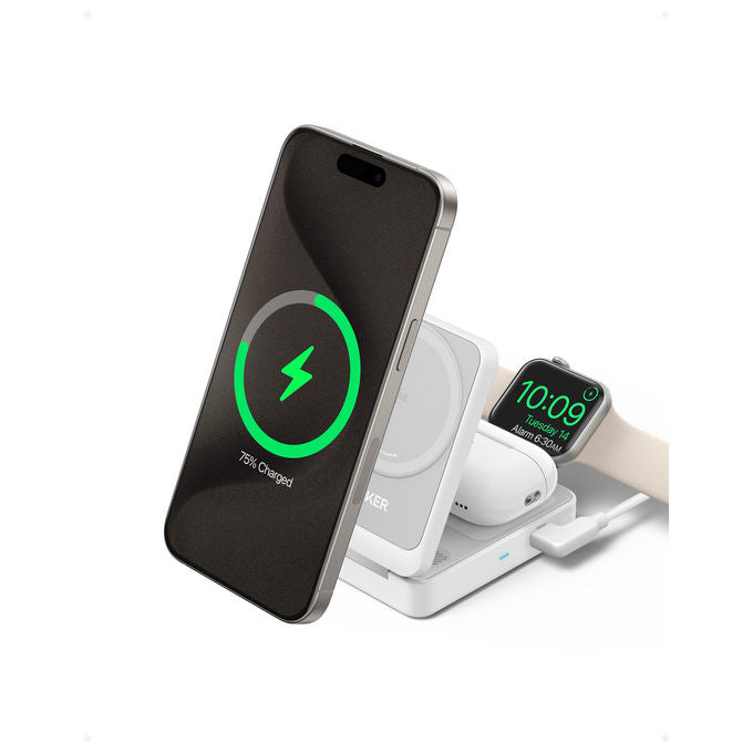 Anker B2557321 MagGo Caricabatterie Wireless 3 in 1 Pieghevole Qi2 15W iPhone Apple Watch AirPods colore Bianco