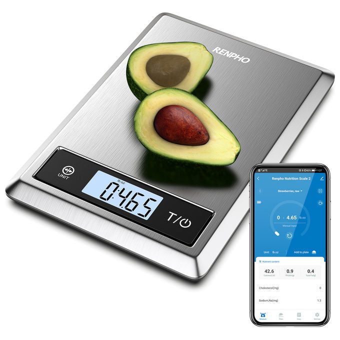 Renpho Calibra 1, bilancia da cucina smart, bluetooth, analisi nutrizionale, contacalorie, acciaio inox, 5 kg
