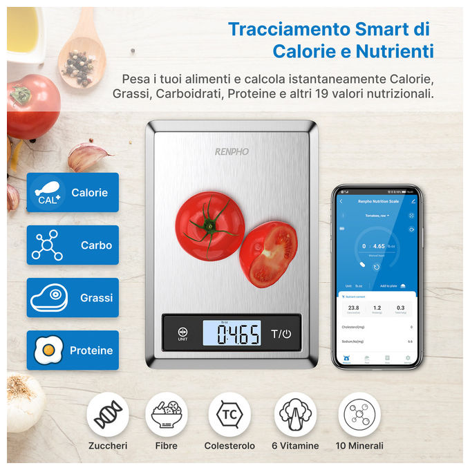 Renpho Calibra 1, bilancia da cucina smart, bluetooth, analisi nutrizionale, contacalorie, acciaio inox, 5 kg