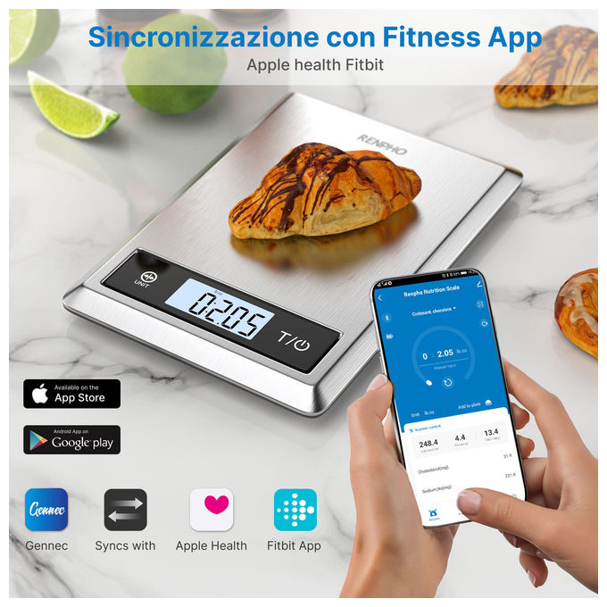 Renpho Calibra 1, bilancia da cucina smart, bluetooth, analisi nutrizionale, contacalorie, acciaio inox, 5 kg