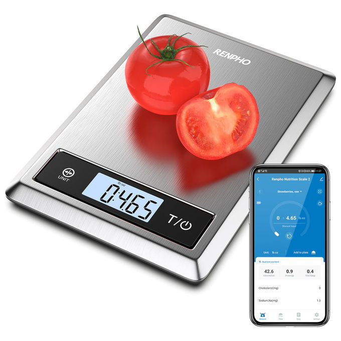 Renpho Calibra 1, bilancia da cucina smart, bluetooth, analisi nutrizionale, contacalorie, acciaio inox, 5 kg