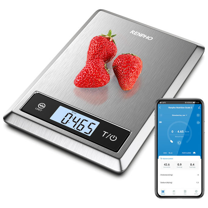 Renpho Calibra 1, bilancia da cucina smart, bluetooth, analisi nutrizionale, contacalorie, acciaio inox, 5 kg