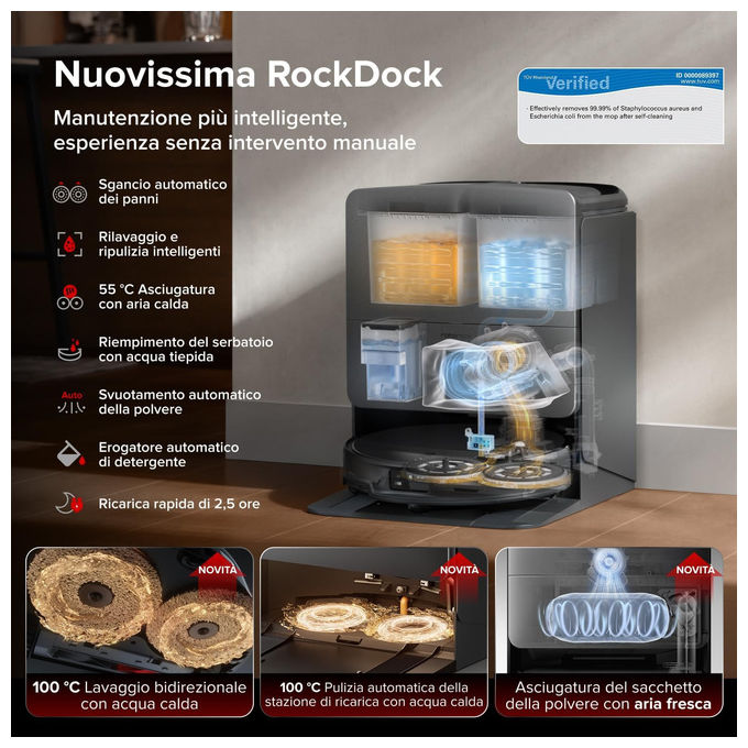 Roborock Saros 20X robot aspirapolvere e lavapavimenti, 36.000 Pa, supera ostacoli 8,8 cm, stazione RockDock, lavaggio mocio 100°C, nero