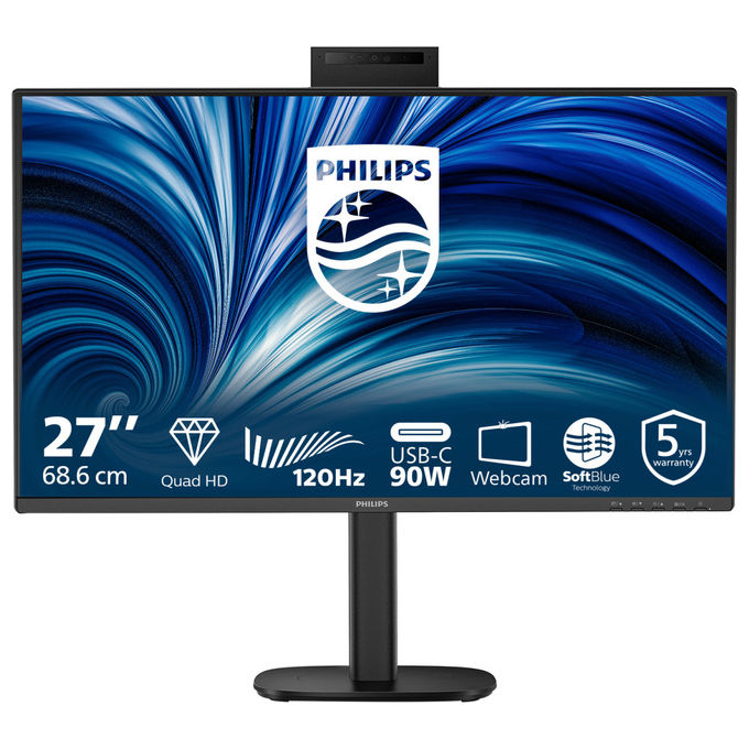 Philips monitor 27 pollici QHD IPS 2560x1440, 120 Hz, USB-C 90W, webcam pop-up Windows Hello, hub USB, ethernet, 27B2U3601H-00