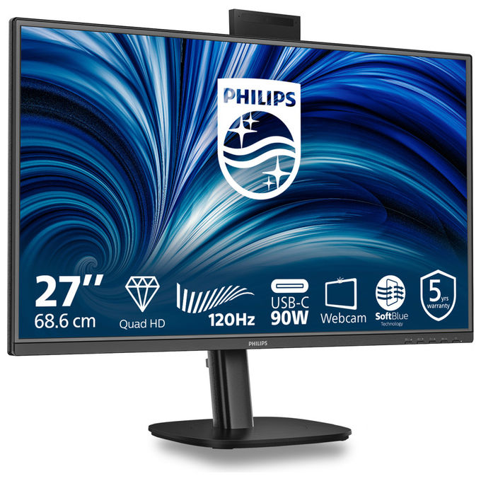 Philips monitor 27 pollici QHD IPS 2560x1440, 120 Hz, USB-C 90W, webcam pop-up Windows Hello, hub USB, ethernet, 27B2U3601H-00