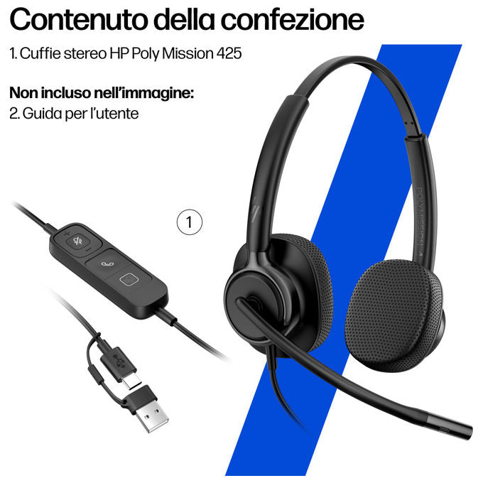 HP Poly cuffie stereo cablate Mission 425 USB, microfono integrato, nero, compatibile Windows, macOS, ChromeOS, Android, iOS