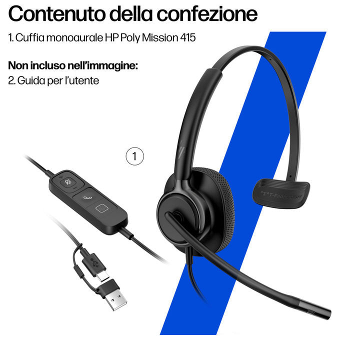 HP Poly cuffie stereo cablate Mission 425 USB, microfono integrato, nero, compatibile Windows, macOS, ChromeOS, Android, iOS