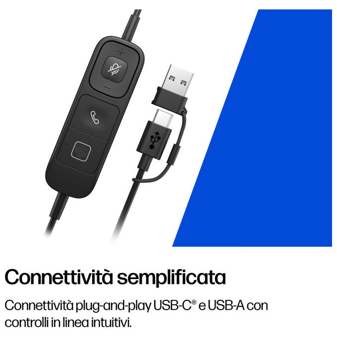 HP Poly Mission 425, cuffie cablate stereo USB, connessione USB Type-C e Type-A, compatibili Windows, macOS, nero