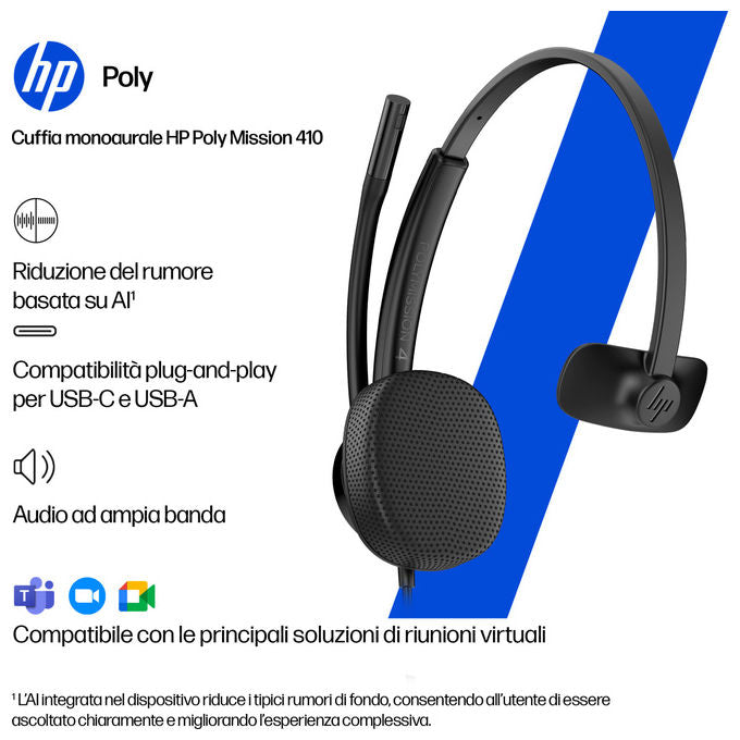 HP Poly Mission 425, cuffie cablate stereo USB, connessione USB Type-C e Type-A, compatibili Windows, macOS, nero