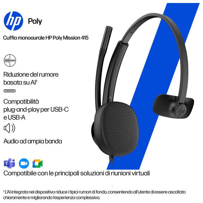 HP Poly Mission 425, cuffie cablate stereo USB, connessione USB Type-C e Type-A, compatibili Windows, macOS, nero