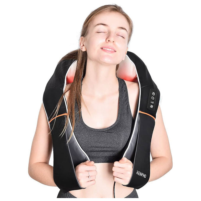 Renpho sedile massaggiante shiatsu, schiena e collo, funzione calore, design a forma di s, altezza regolabile, vibrazione, nero