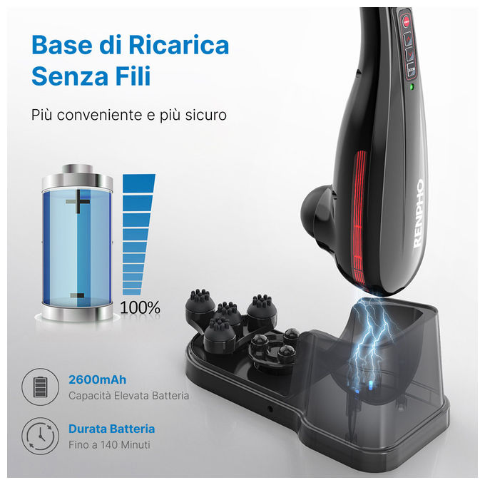 Renpho EM2018C, massaggiatore a percussione senza fili, manico lungo, 5 testine, 5 velocita', base di ricarica, nero