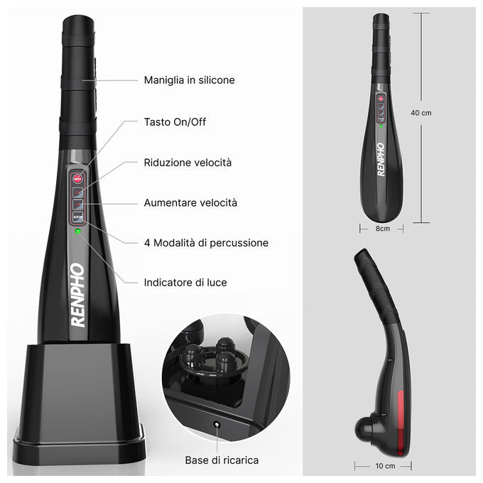 Renpho EM2018C, massaggiatore a percussione senza fili, manico lungo, 5 testine, 5 velocita', base di ricarica, nero