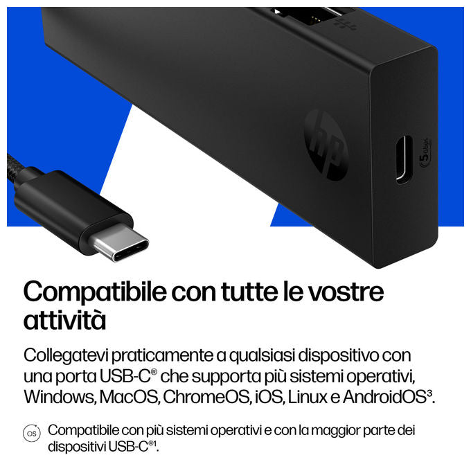 HP hub USB-C portatile, compatto, compatibile Windows, macOS, ChromeOS, Android, iPadOS
