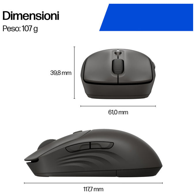 HP mouse wireless silenzioso 405, ottico, ambidestro, Bluetooth 5.2, 1200 DPI, 5 tasti, batteria 24 mesi, nero
