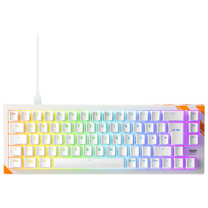 Cherry K5 Pro TMR Compact, tastiera gaming meccanica, layout Qwertz 65%, switch magnetico RGB, 8000 Hz, arancione bianco