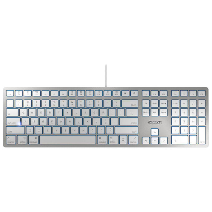 Cherry KC 6000 Slim for Mac, tastiera cablata ultrapiatta, layout QWERTY UK, USB-A, meccanismo a forbice, full-size, Bianco argento