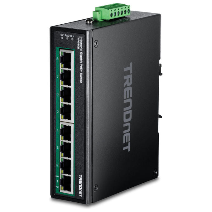 Trendnet TI-PG80B switch industriale Gigabit PoE+ 8 porte, guida DIN, 200W budget, IP30, -40 75°C