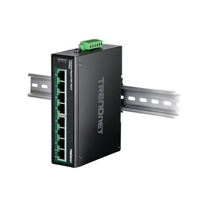 Trendnet TI-PG80B switch industriale Gigabit PoE+ 8 porte, guida DIN, 200W budget, IP30, -40 75°C