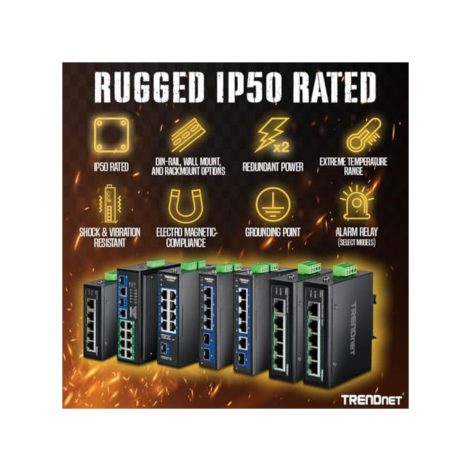 Trendnet TI-PG80B switch industriale Gigabit PoE+ 8 porte, guida DIN, 200W budget, IP30, -40 75°C