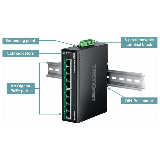 Trendnet TI-PG80B switch industriale Gigabit PoE+ 8 porte, guida DIN, 200W budget, IP30, -40 75°C
