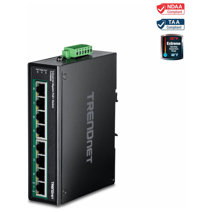 Trendnet TI-PG80B switch industriale Gigabit PoE+ 8 porte, guida DIN, 200W budget, IP30, -40 75°C