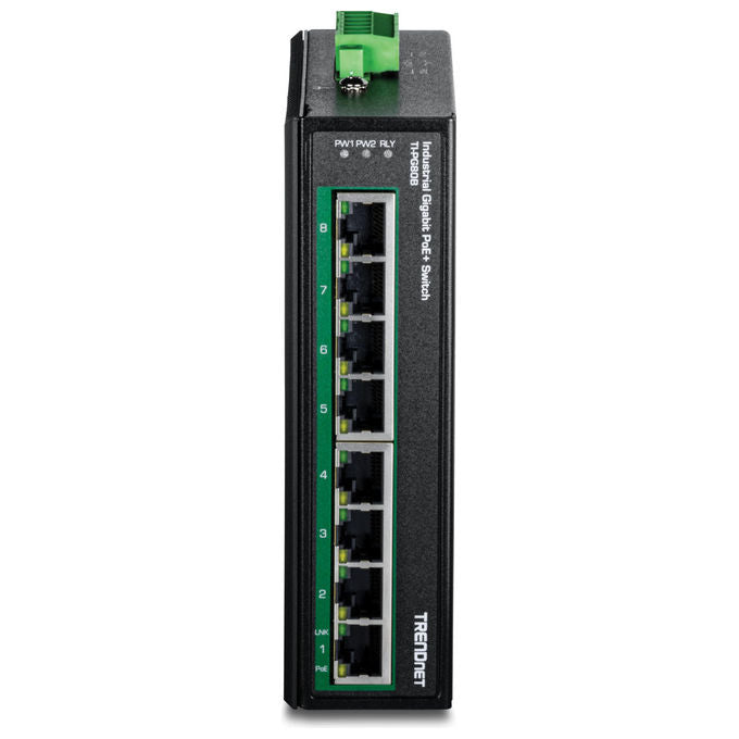 Trendnet TI-PG80B switch industriale Gigabit PoE+ 8 porte, guida DIN, 200W budget, IP30, -40 75°C