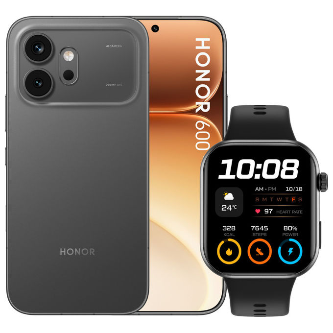 Honor 600 smartphone, 6.57'' AMOLED 120Hz, 200 MP AI, Snapdragon 7 Gen 4, 8 GB RAM, 512 GB, 6400 mAh, 5G, IP68, nero