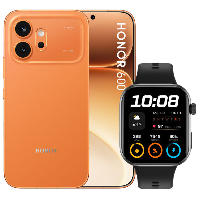 Honor 600 smartphone, 6.57'' AMOLED 120Hz, Snapdragon 7 Gen 4, 8 GB RAM, 256 GB, 200 MP, 5G, 6400 mAh, arancione