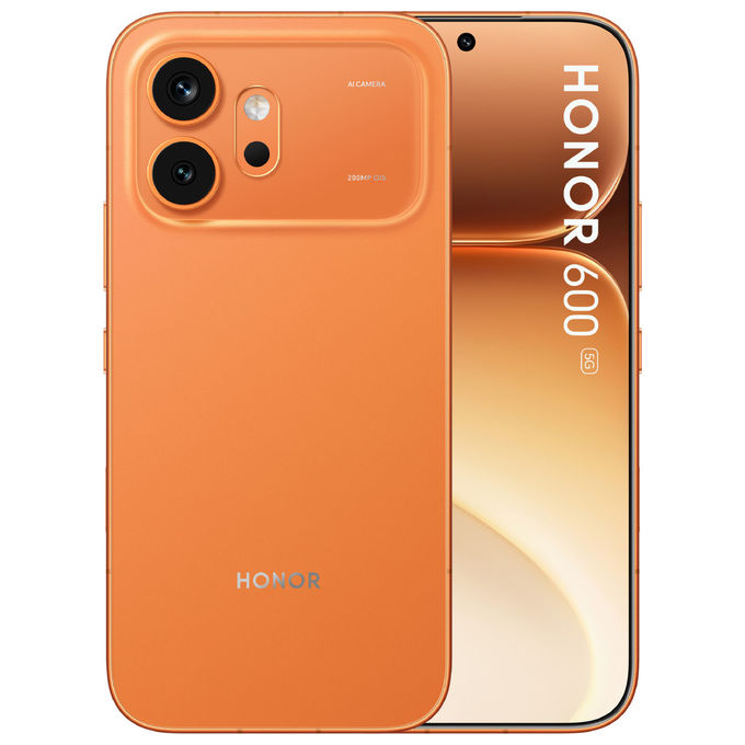 Honor 600 smartphone, 6.57'' AMOLED 120Hz, Snapdragon 7 Gen 4, 8 GB RAM, 256 GB, 200 MP, 5G, 6400 mAh, arancione