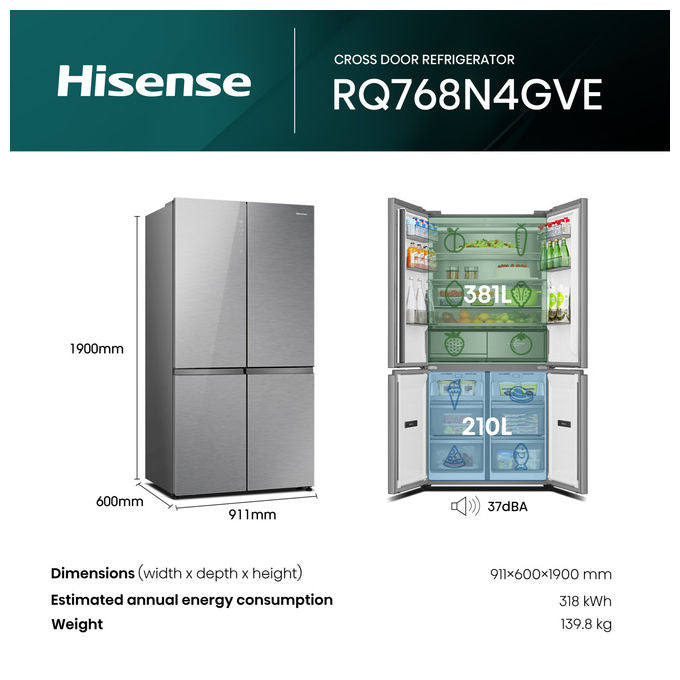 Hisense RQ768N4GVE Frigorifero Side-by-Side Libera Installazione 591 L Classe E Argento Vetro Nero
