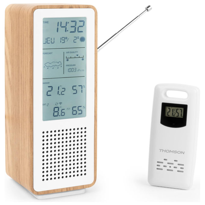 Thomson altoparlante Bluetooth con stazione meteo, WS102TWH, 15W, radio FM, temperatura interna ed esterna, qualita' aria, bianco