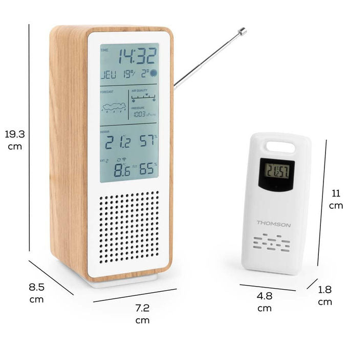 Thomson altoparlante Bluetooth con stazione meteo, WS102TWH, 15W, radio FM, temperatura interna ed esterna, qualita' aria, bianco