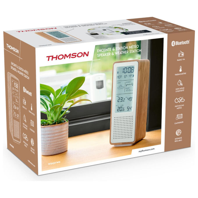 Thomson altoparlante Bluetooth con stazione meteo, WS102TWH, 15W, radio FM, temperatura interna ed esterna, qualita' aria, bianco