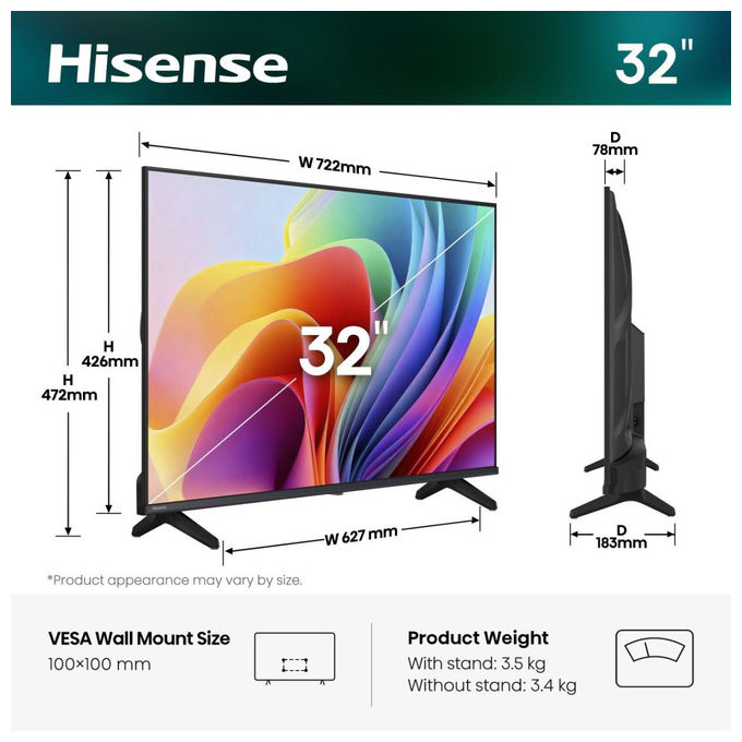 Hisense smart tv 32 pollici 32A49S HD 1366x768 VIDAA Dolby Audio Wi-Fi HDMI USB Game Mode controllo vocale