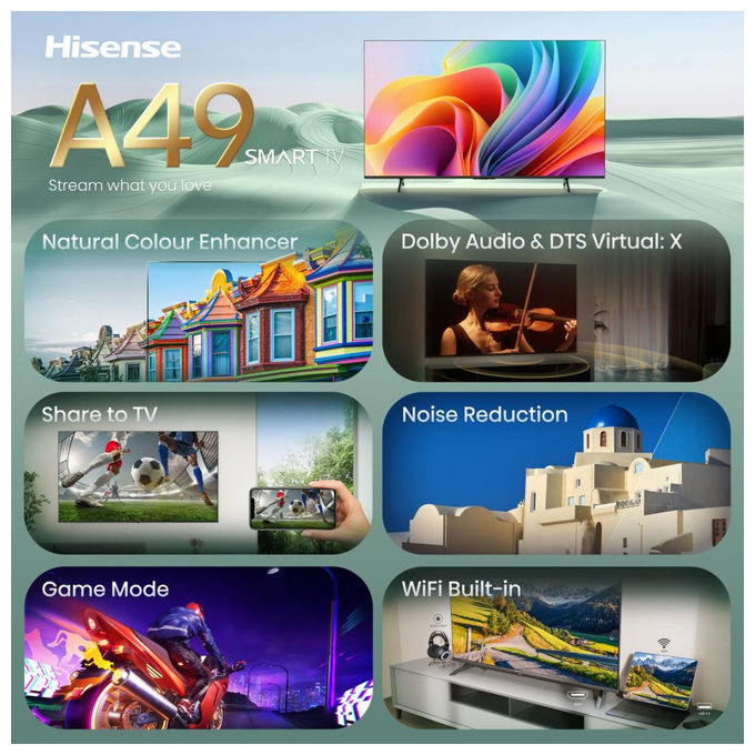 Hisense smart tv 32 pollici 32A49S HD 1366x768 VIDAA Dolby Audio Wi-Fi HDMI USB Game Mode controllo vocale