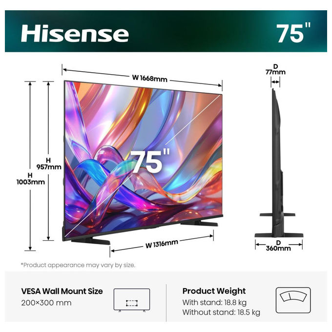 Hisense 75E79S smart tv 75 pollici QLED 4K Ultra HD VIDAA Dolby Vision Dolby Atmos HDR10+ Wi-Fi Nero