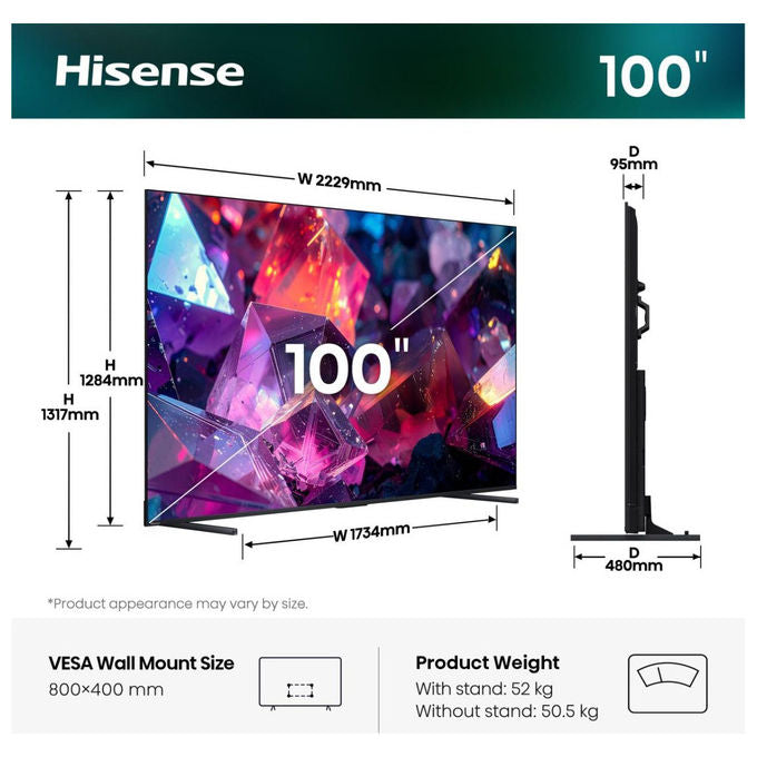 Hisense smart tv 100 pollici QLED 4K, 100E7S Pro, refresh rate 144Hz, HDR, VIDAA, gaming VRR AMD FreeSync