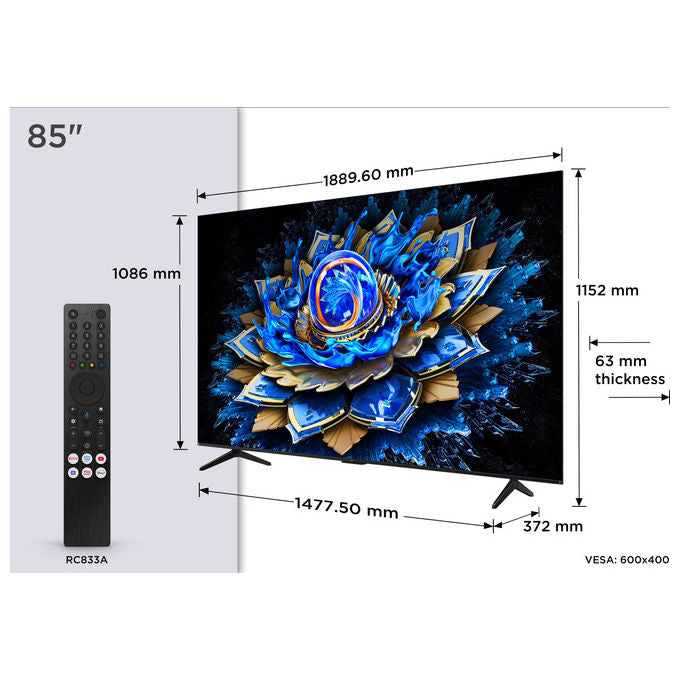 TCL 85T69C Smart TV 85'' QLED 4K Ultra HD Google TV Direct-LED HDR10 Wi-Fi HDMI 2.1 colore Nero