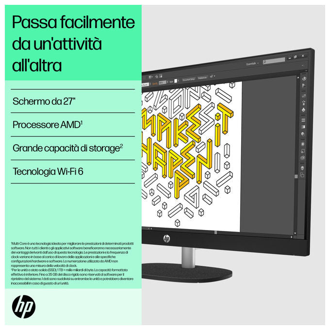 HP All-in-One 27 pollici, AMD Ryzen 7 7730U, 16 GB RAM, SSD 512 GB, schermo Full HD IPS, Windows 11 Home, Wi-Fi 6, Bianco