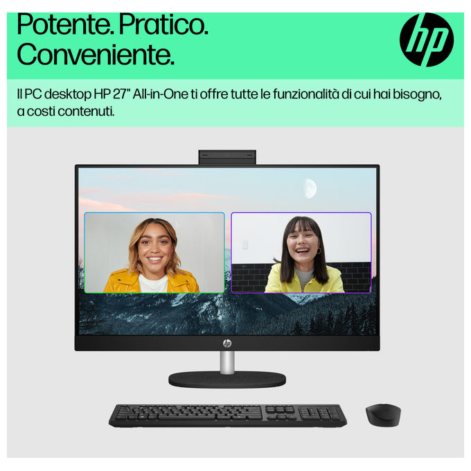 HP All-in-One 27 pollici, AMD Ryzen 7 7730U, 16 GB RAM, SSD 512 GB, schermo Full HD IPS, Windows 11 Home, Wi-Fi 6, Bianco