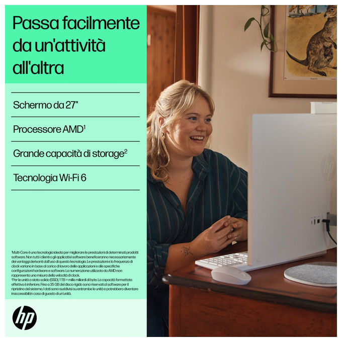 HP All-in-One 27 pollici, AMD Ryzen 7 7730U, 16 GB RAM, SSD 512 GB, schermo Full HD IPS, Windows 11 Home, Wi-Fi 6, Bianco