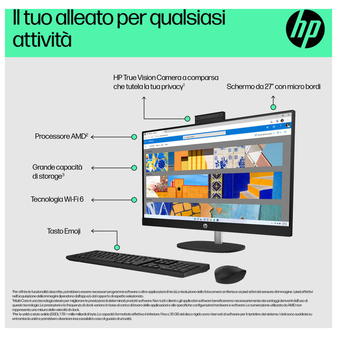 HP All-in-One 27 pollici, AMD Ryzen 7 7730U, 16 GB RAM, SSD 512 GB, schermo Full HD IPS, Windows 11 Home, Wi-Fi 6, Bianco