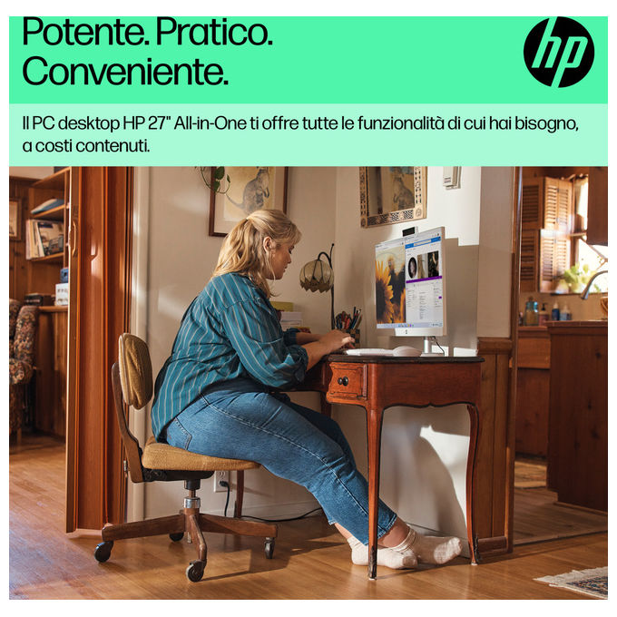 HP All-in-One 27 pollici, AMD Ryzen 7 7730U, 16 GB RAM, SSD 512 GB, schermo Full HD IPS, Windows 11 Home, Wi-Fi 6, Bianco