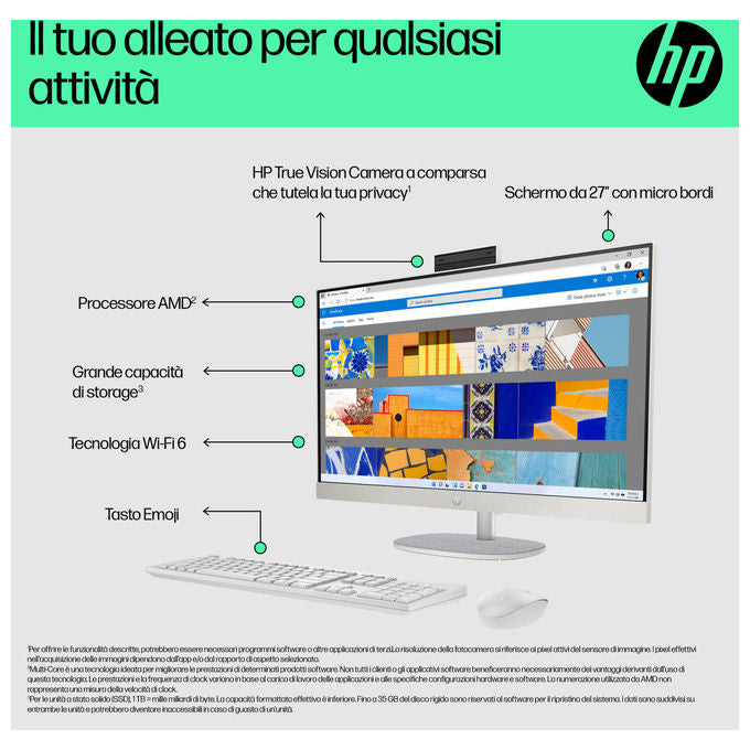 HP All-in-One 27 pollici, AMD Ryzen 7 7730U, 16 GB RAM, SSD 512 GB, schermo Full HD IPS, Windows 11 Home, Wi-Fi 6, Bianco