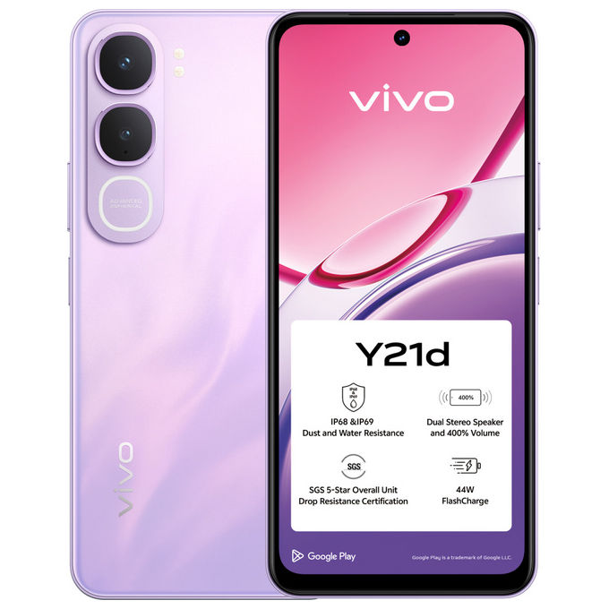 Vivo Y21d smartphone, 6.68'' LCD 90Hz, 4 GB RAM, 256 GB, fotocamera 50 MP, batteria 6500 mAh, 4G, Android 15, IP68, viola
