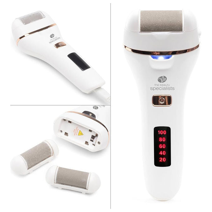 Rio PEDI5 Go Smooth Lima Elettrica Pedicure con Aspiratore 3 Testine Intercambiabili 80 min Ricarica USB IPX6 colore Bianco e Oro