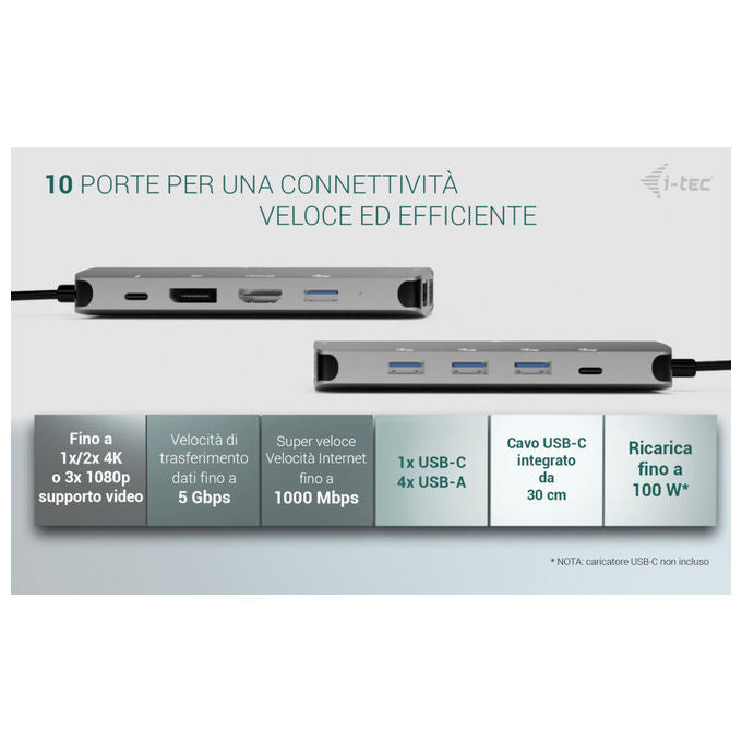 I-tec docking station usb-c, 3 monitor, hdmi, displayport, vga, power delivery 100w, gigabit ethernet, 5 porte usb, 4k, plug and play