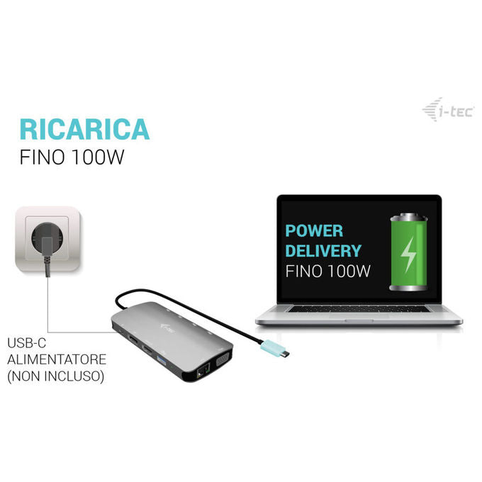 I-tec docking station usb-c, 3 monitor, hdmi, displayport, vga, power delivery 100w, gigabit ethernet, 5 porte usb, 4k, plug and play