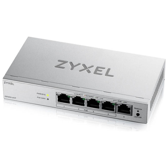 Zyxel GS1200-5HPV3 switch gestito L2, 5 porte Gigabit Ethernet, PoE+ 4 porte 68W, web managed, VLAN, QoS, desktop, fanless